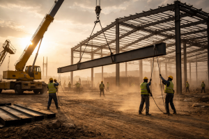 Industrial warehouse construction in Nigeria with steel frames, cranes, and workers assembling structural components.