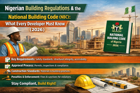 Landscape infographic showing a Nigerian construction professional holding drawings beside a “National Building Code of Nigeria 2026” book, with key points on requirements, approvals, construction standards, and enforcement.