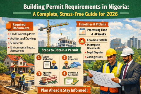 Landscape infographic showing Nigerian construction professionals and workers, plus the key documents, steps, timelines and common pitfalls for getting a building permit in Nigeria in 2026.