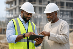 Project manager and client representative reviewing drawings on site with a progress dashboard concept overlay.