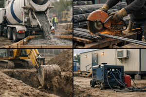 Collage of cement delivery, rebar yard, excavator work, and construction generators showing fuel-linked cost drivers.