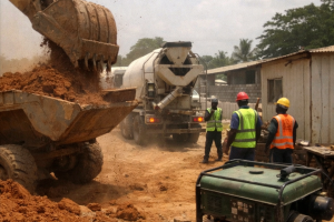 Excavator and concrete mixer truck working on a Nigerian building site with generator sets visible in the background.