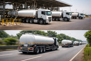 Fuel tanker trucks loading at a depot and moving along a Nigerian highway, representing refined fuel distribution.
