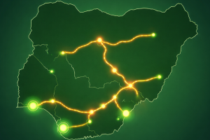 Map of Nigeria highlighting refining nodes and major construction corridors connecting key cities and ports.