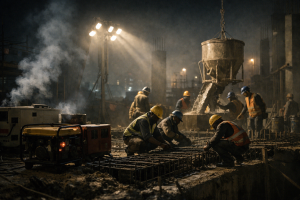 Night-time Nigerian construction site lit by floodlights powered by diesel generators, with workers active and equipment operating.