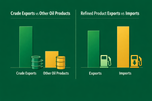Infographic comparing Nigeria crude exports and refined products trade, highlighting rising refined exports and falling imports.
