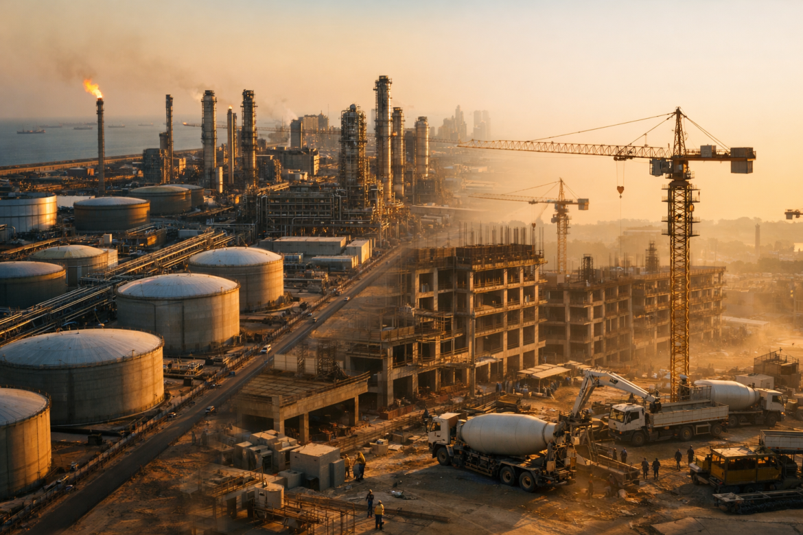 Aerial view of a large Nigerian refinery beside an active construction site, showing energy’s link to building delivery.
