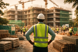 onifer-branded construction progress image with ‘Stress-Free Construction’ theme and clean green-and-gold styling.