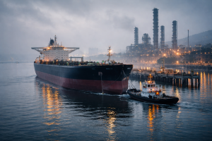 Oil tanker at a refinery jetty, illustrating global crude flows and refined product shipping from Nigeria.