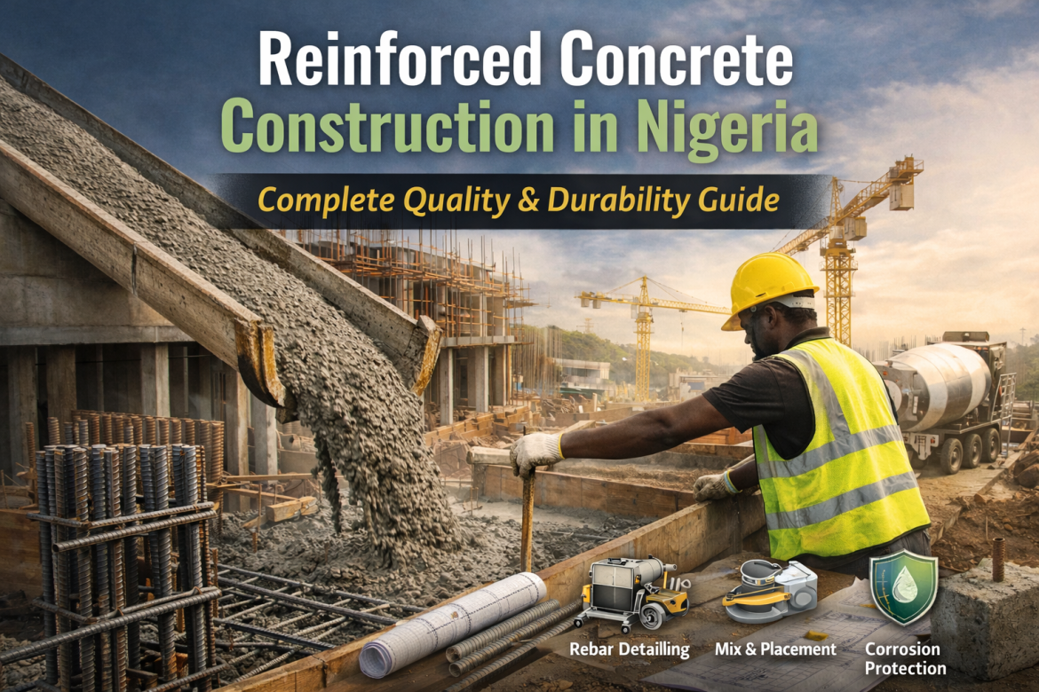 Nigerian construction worker pouring concrete over rebar on site, illustrating reinforced concrete quality and durability practices.